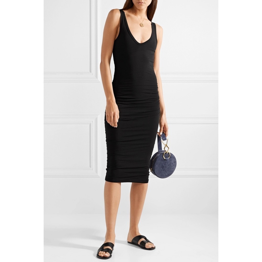 James Perse Black Ruched Tank Dress Sleeveless Bodycon‎ Midi Dress Women's